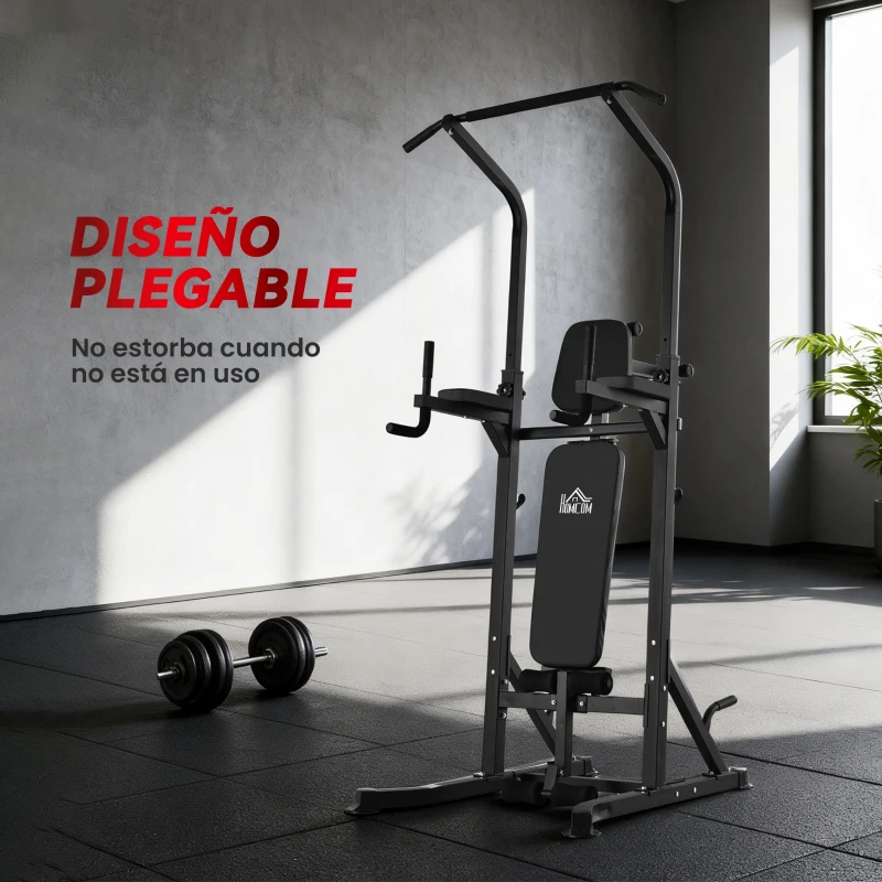 HOMCOM Estación de Musculación Torre de Entrenamiento Altura Ajustable 200-230 cm con Barra de Dominadas y Banco Plegable para Fitness en Casa Gimnasio Carga 150 kg Negro