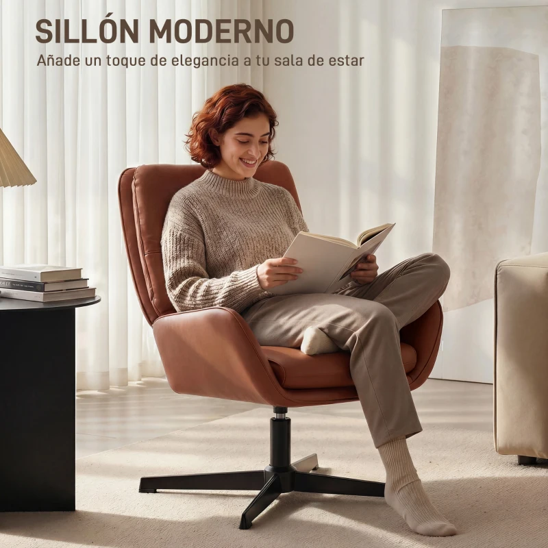 HOMCOM Butaca de Salón Tapizado en PU Sillón Lectura con Asiento Acolchado Reposabrazos Patas Metálicas Marrón
