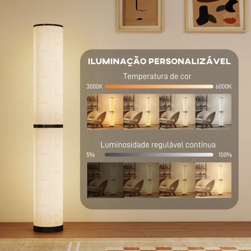 HOMCOM Candeeiro de Pé Moderno Candeeiro de Sala com Brilho Temperaturas de Cor Ajustáveis 3000K-6000K Controle Remoto Magnético Temporizador para Quarto Escritório Decoração Ø20x135 cm Bege