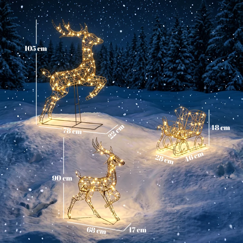 Outsunny Ensemble 3 pièces renne et traîneau lumineux, déco de Noël en polyrattan avec LEDs, 8 modes, minuterie