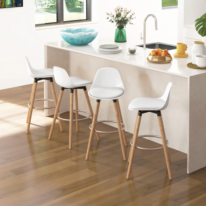 HOMCOM Lot de 4 tabourets de bar style scandinave hauteur 70 cm avec pieds en bois et repose-pieds en acier - blanc