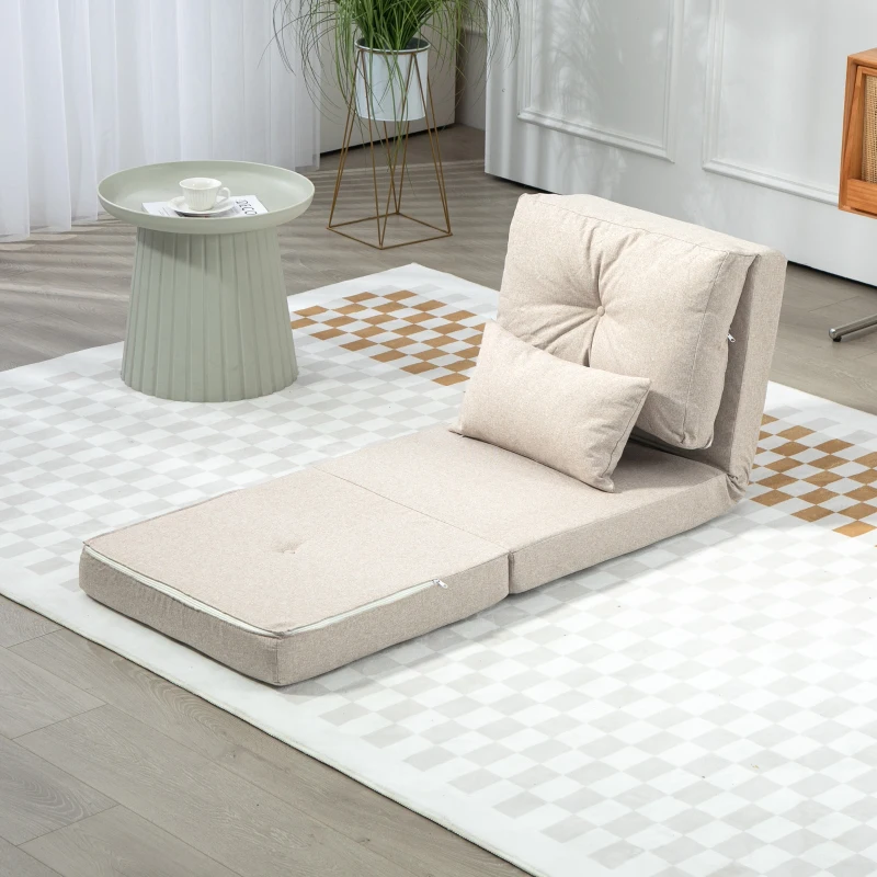 HOMCOM Sofá-Cama Individual Dobrável Estofado em Linho com Encosto Ajustável 5 Posições e 1 Almofada Bege
