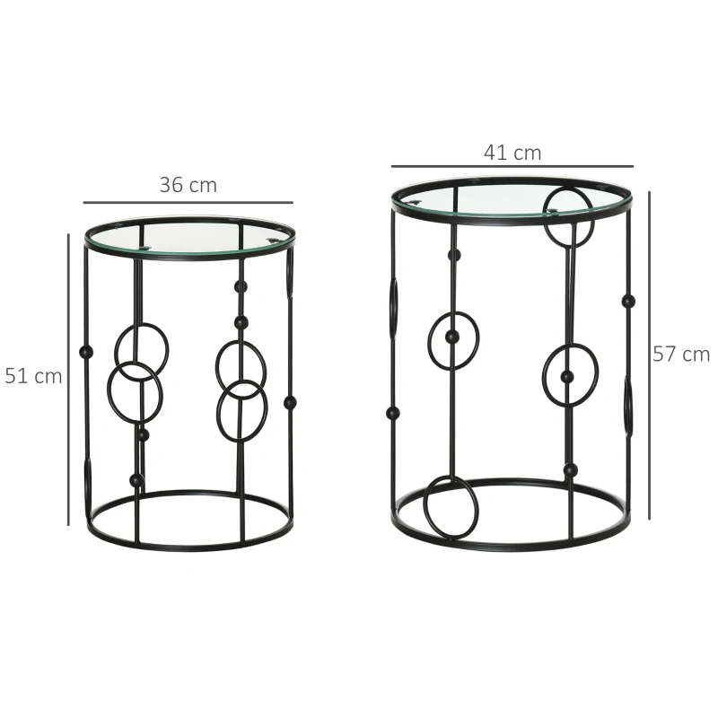 HOMCOM Set di 2 Tavolini da Caffè Impilabili in Metallo e Vetro Temperato Ø41x57cm e Ø36x51cm, Nero