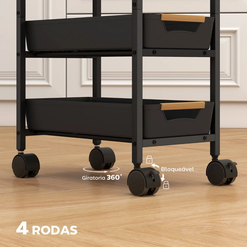 HOMCOM Carrinho de Cozinha de Armazenamento de 5 Níveis Carrinho Auxiliar com Rodas Bancada com Efeito Madeira 39,5x24x82 cm Preto