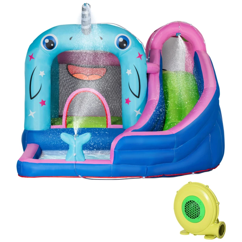 Outsunny Gioco Gonfiabile per Bambini 3-8 Anni a tema Narvalo con Borsa, 11 Paletti e Toppe Inclusi, 330x280x200 cm