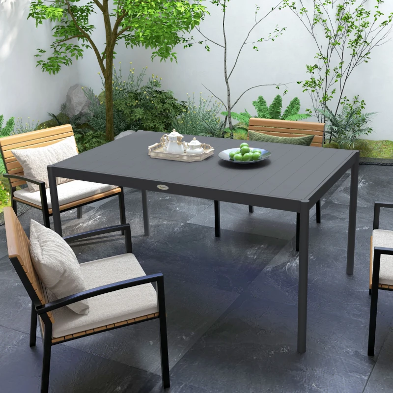 Outsunny Masă de Grădină cu Lamele, Dimensiuni 145x90 cm, Masă de Dining pentru 6 Persoane, Rectangulară, din Aluminiu și Oțel, pentru Curte, Terasă, Balcon și Exterior, Gri Închis