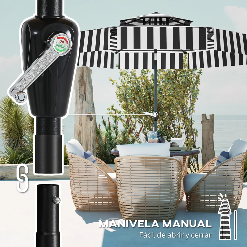 Outsunny Sombrilla de Jardín Inclinable Ø263 cm con Protección UV30+ Techo Doble Ventilado y Manivela para Patio Jardín y Piscina