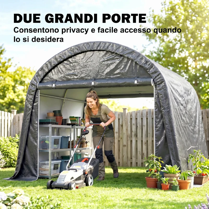 Outsunny Tendone da Giardino per Moto, Bici e Attrezzi con 2 Ingressi a Zip, in Acciaio e PE, 300x300x235 cm, Grigio