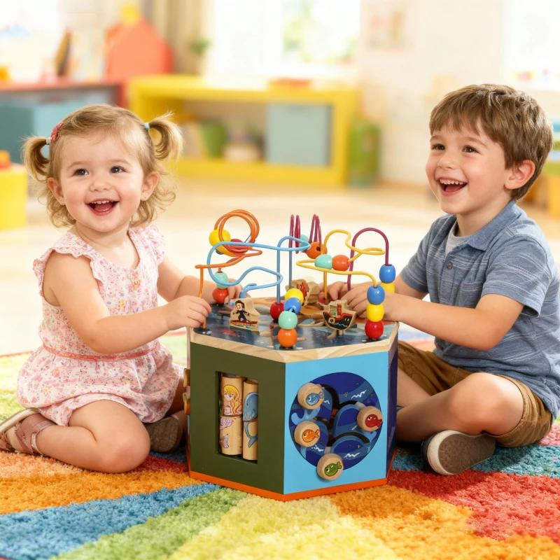 AIYAPLAY Wooden Activity Cube, Baby Toys with Bead Maze, Pattern Sorter for Toddlers Boys and Girls 18+ Months