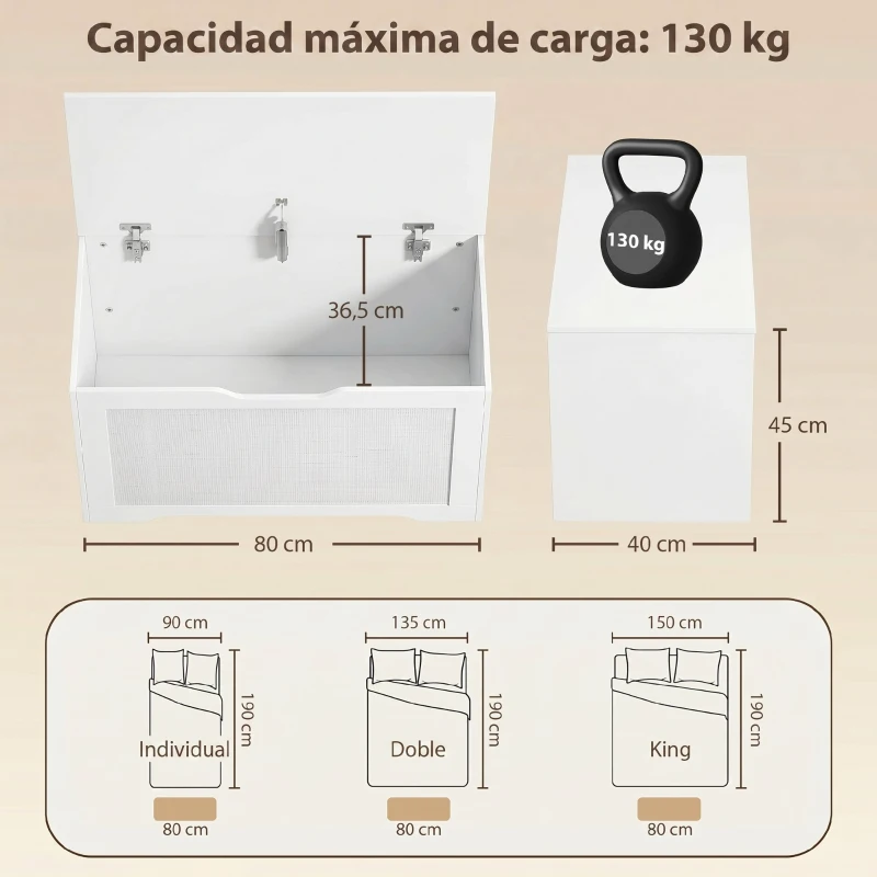 HOMCOM Baúl de Almacenaje 108L Banco de Almacenaje con Panel de Ratán Tapa Brazos de Soporte para Recibidor 80x40x45cm Blanco