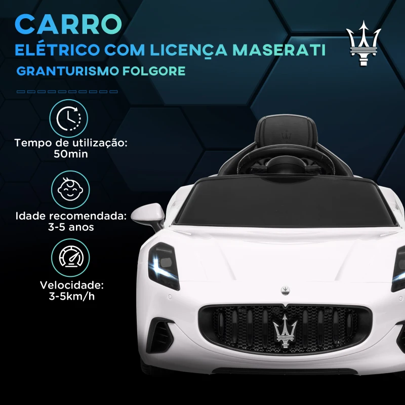 AIYAPLAY Carro Elétrico para Crianças Maserati Gran Turismo Folgore 12V Controlo Remoto Faróis Buzina e Música MP3 98x59x43 cm Branco