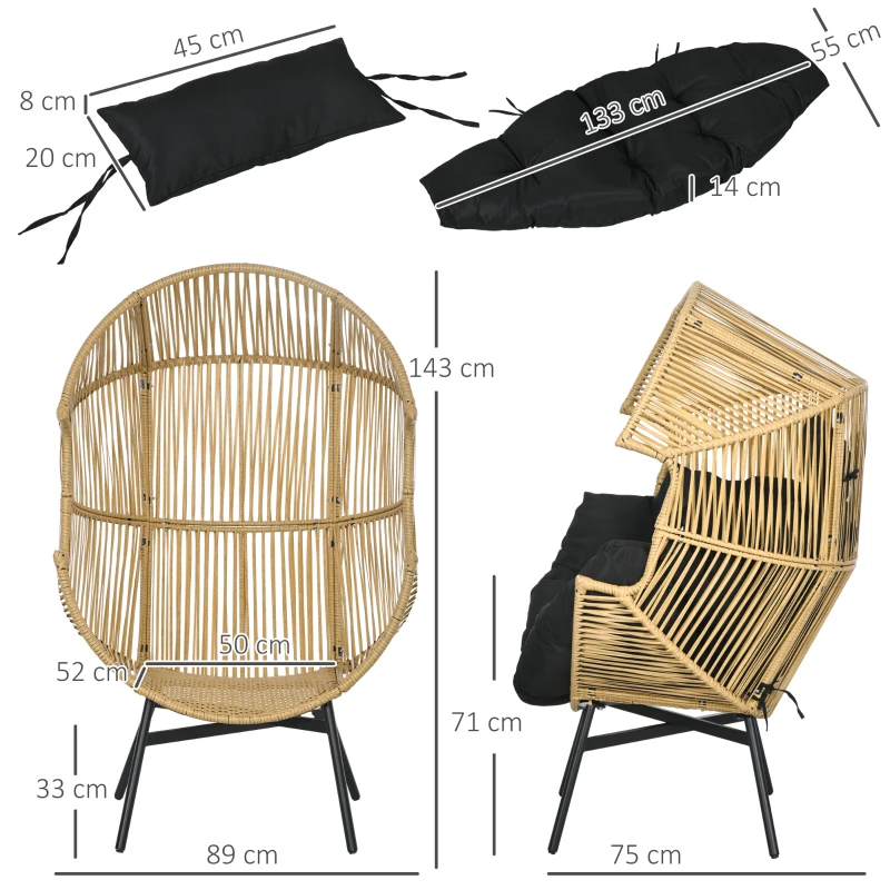 Outsunny Poltrona da Giardino a Uovo con Poggiatesta e Cuscini per Seduta, in Rattan e Acciaio, 89x75x143 cm