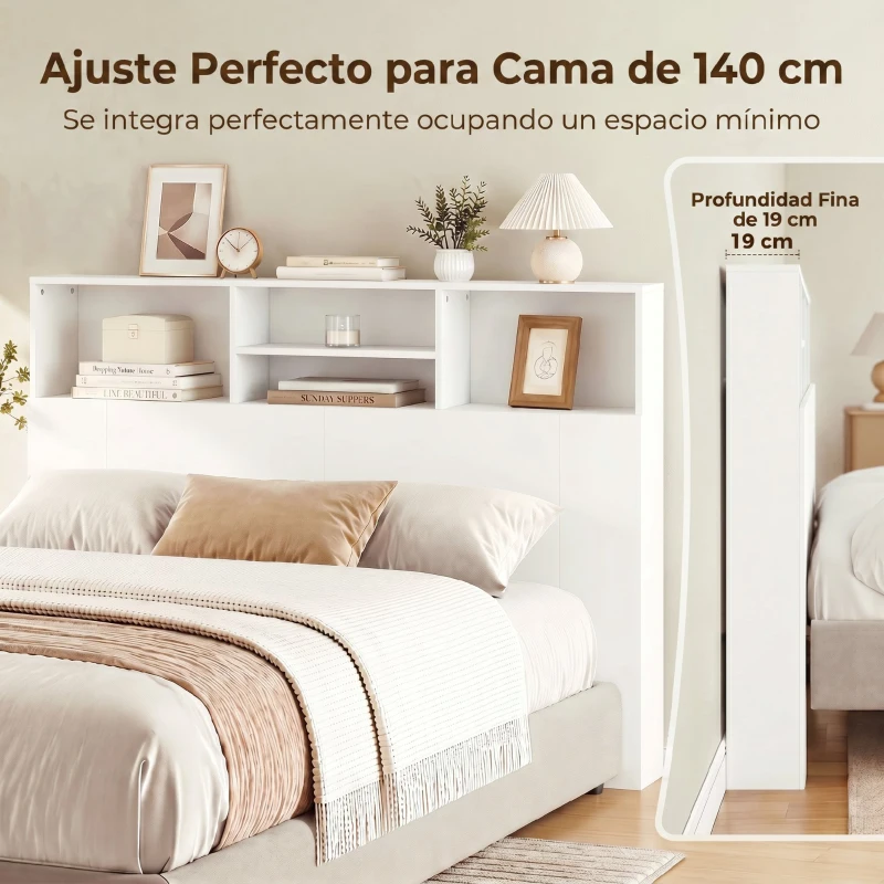 HOMCOM Cabecero de Cama 140 cm con Almacenaje Cabezal de Cama con 4 Compartimentos Abiertos para Dormitorio Blanco