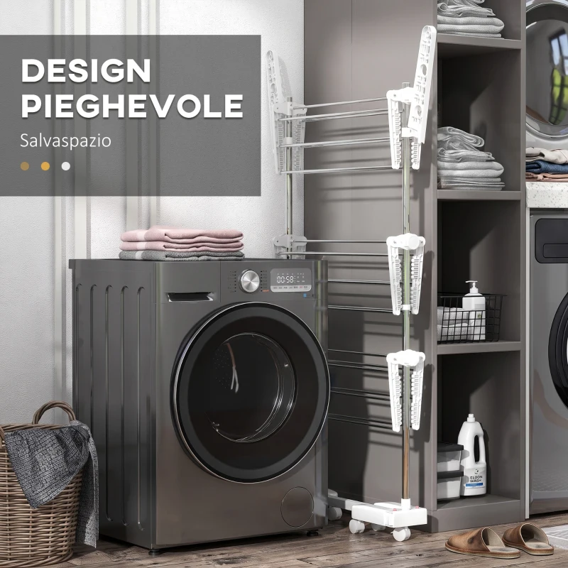 HOMCOM Stendino Verticale Pieghevole in Acciaio e Plastica con 6 Ruote e 3 Ripiani Regolabili, 142x55x172 cm