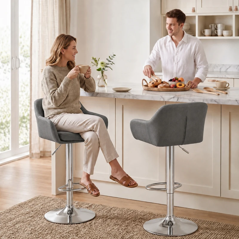 HOMCOM Set 2 Sgabelli Bar Girevoli in Velluto con Altezza Regolabile, Poggiapiedi, Schienale, Base in Metallo, Grigio