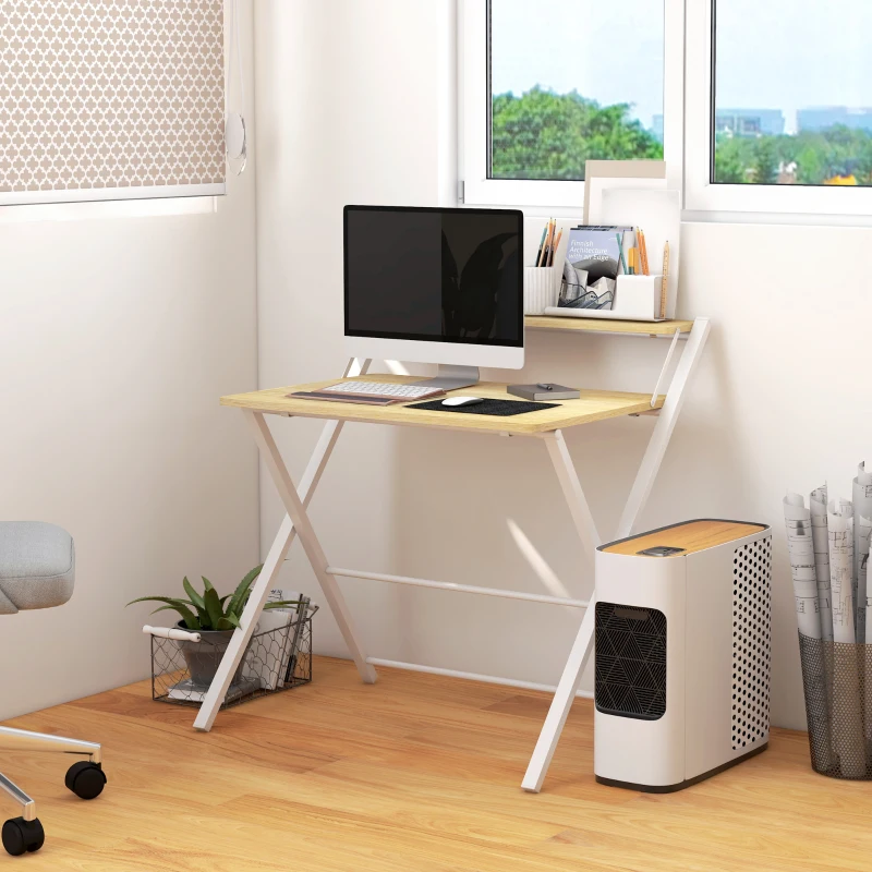HOMCOM Mesa de Estudio Plegable con Estante Superior Estilo Moderno para Sala Oficina Dormitorio 81,5x70x84 cm Natural y Blanco
