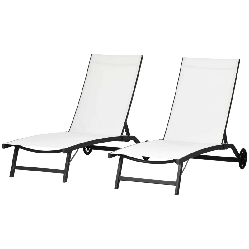 Outsunny Lot de 2 bains de soleil en aluminium et textilène avec roulettes dossier inclinable charge max. 150 Kg crème