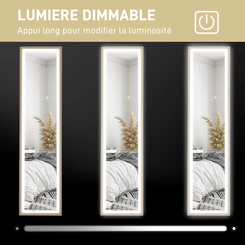 HOMCOM Grand miroir pleine longueur, miroir mural ou sur pied rectangulaire, 40 x 160 cm avec éclairage LED 3 couleurs, chêne