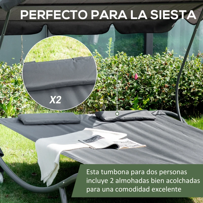 Outsunny Tumbona Doble con Toldo Ajustable Tumbona de Jardín para 2 Personas con Cojines y 2 Ruedas 200x175x134 cm Gris