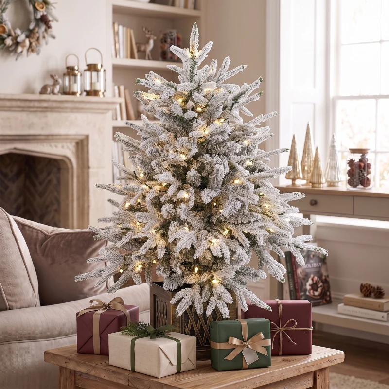 HOMCOM Árvore de Natal de Mesa 90 cm Pré-iluminada Nevada Artificial 70 LEDs de Branco Quente 488 Pontas Verde