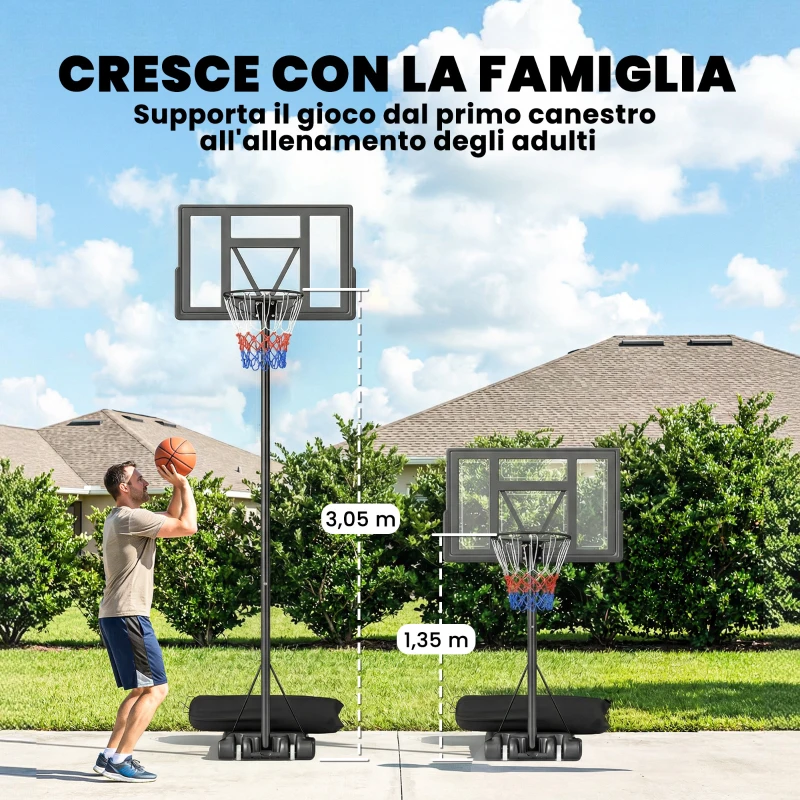 SPORTNOW Canestro Basket Regolabile con Base Riempibile e Ruote, in Acciaio e PE, 90x60x135-305 cm, Nero