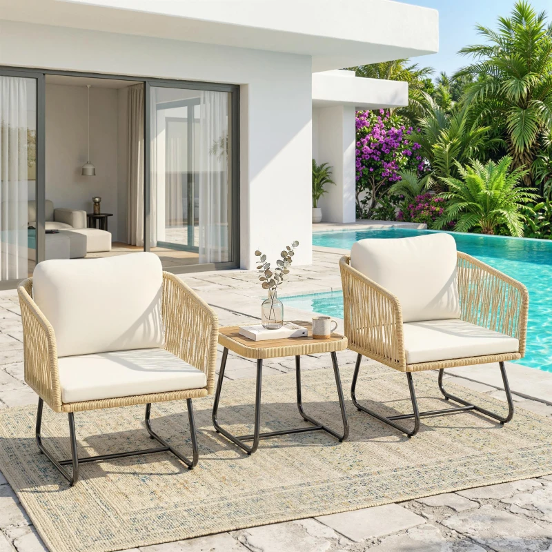 Outsunny Rattan Bistroset 3 teiliges FSC Gartenmöbel-Set mit 2 Sessel, Lamell-Holztisch, dicke waschbare Kissen Stahlrahmen