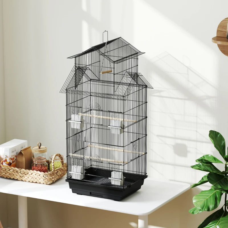 PawHut Gaiola de Metal para Pássaros com Bandeja Amovível 4 Comedouros 3 Poleiros e 1 Baloiço 50,5x41x104 cm Preto