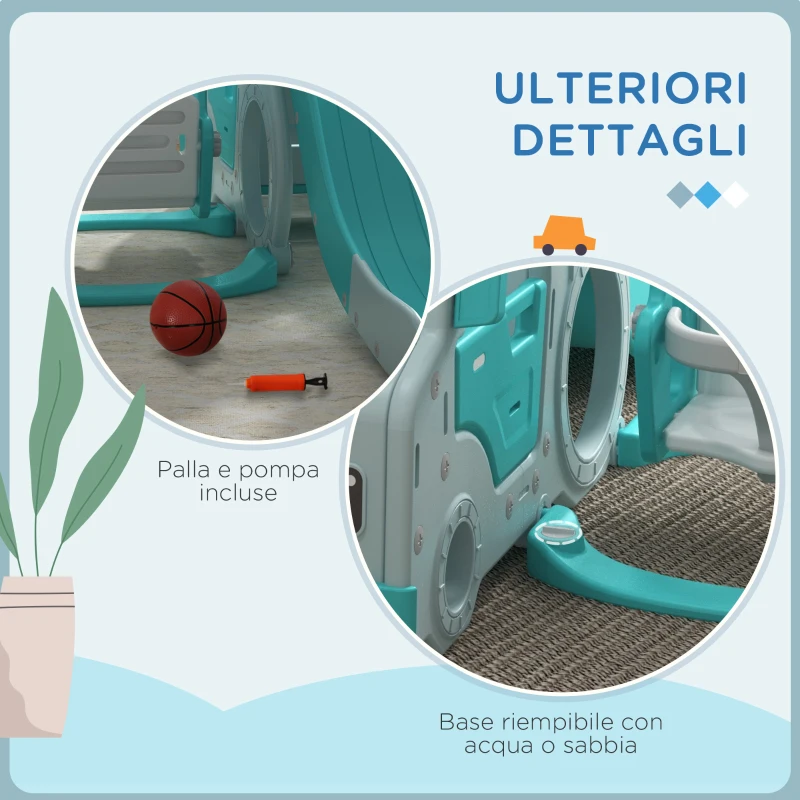 AIYAPLAY Set Scivolo per Bambini 18-48 Mesi con Altalena, Macchinina e Canestro, 201x151x87.5cm, Azzurro
