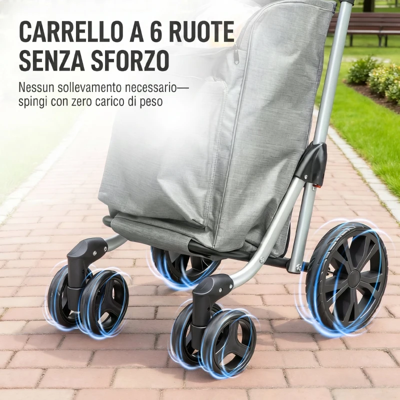 HOMCOM Carrello Spesa Pieghevole in Alluminio con Ruote, Borsa da 46L, Scomparto Refrigerato, Manico Regolabile, Grigio