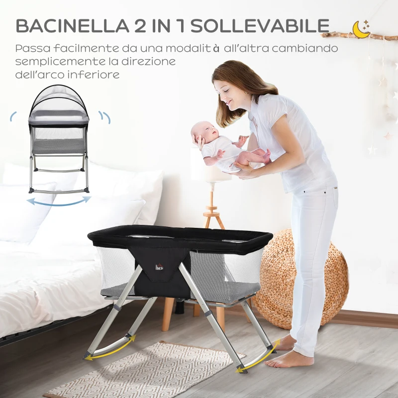 HOMCOM Culla da Campeggio 2 in 1 Pieghevole con Lettino a Dondolo e Zanzariera Età 0-6 Mesi, 59x55x67-69 cm, Nero