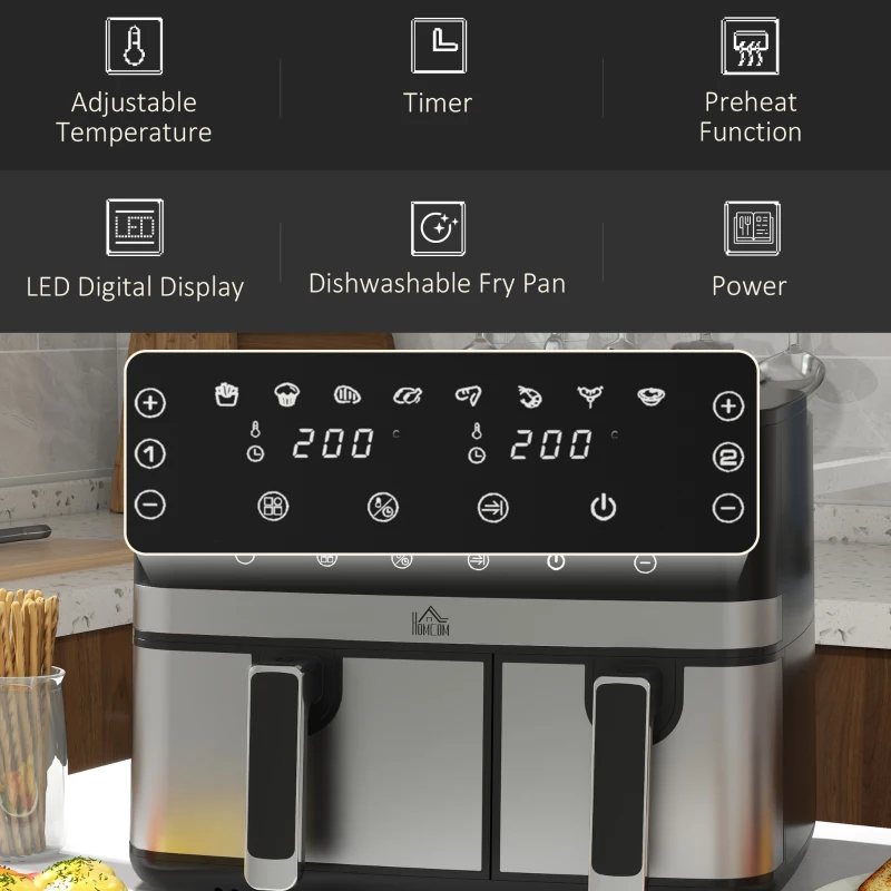 HOMCOM 8.5L Dual Basket Air Fryer, with Sync and Multi-Menu Cooking
