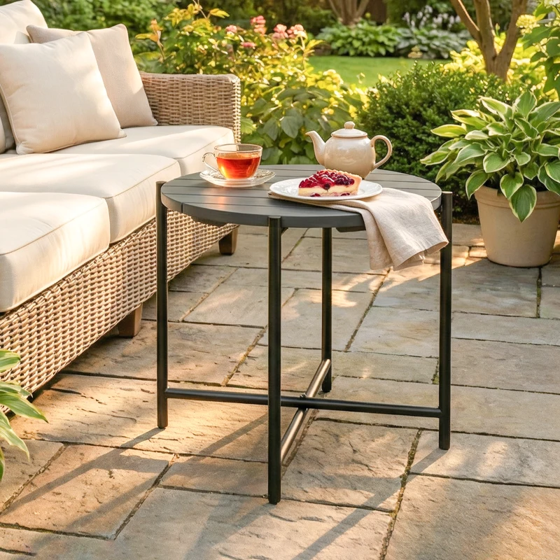 Outsunny 54 cm Round Outdoor Side Table, Industrial Small Garden Table with Slatted Wood Top and Metal Frame, Dark Grey