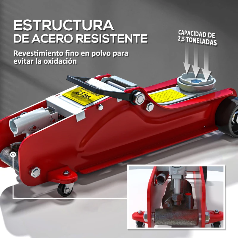 HOMCOM Gato Hidráulico para Coche 2,5T Altura de Elevación 80-380 mm con Perfil Bajo Ruedas para Automóvil SUV Rojo