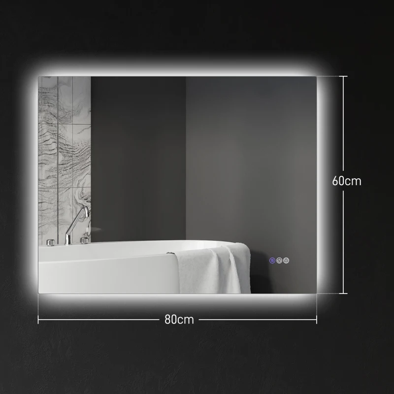 HOMCOM Oglindă de Baie Anticondens cu Luminozitate și Culoare Reglabilă, din Sticlă și Aluminiu, 80x60x4 cm