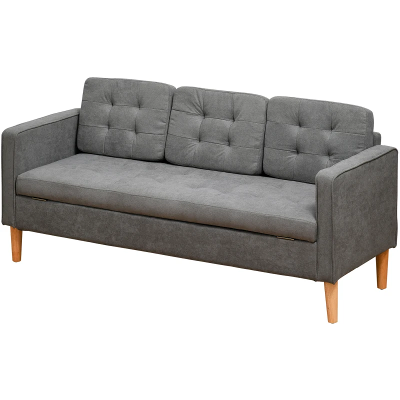 HOMCOM 3 Seater Storage Sofa, Fabric Couch with Hidden Under Seat Storage, Thick Cushions, Compact Space Saving Settee with Rubberwood Legs for Living Room, Apartment, Grey