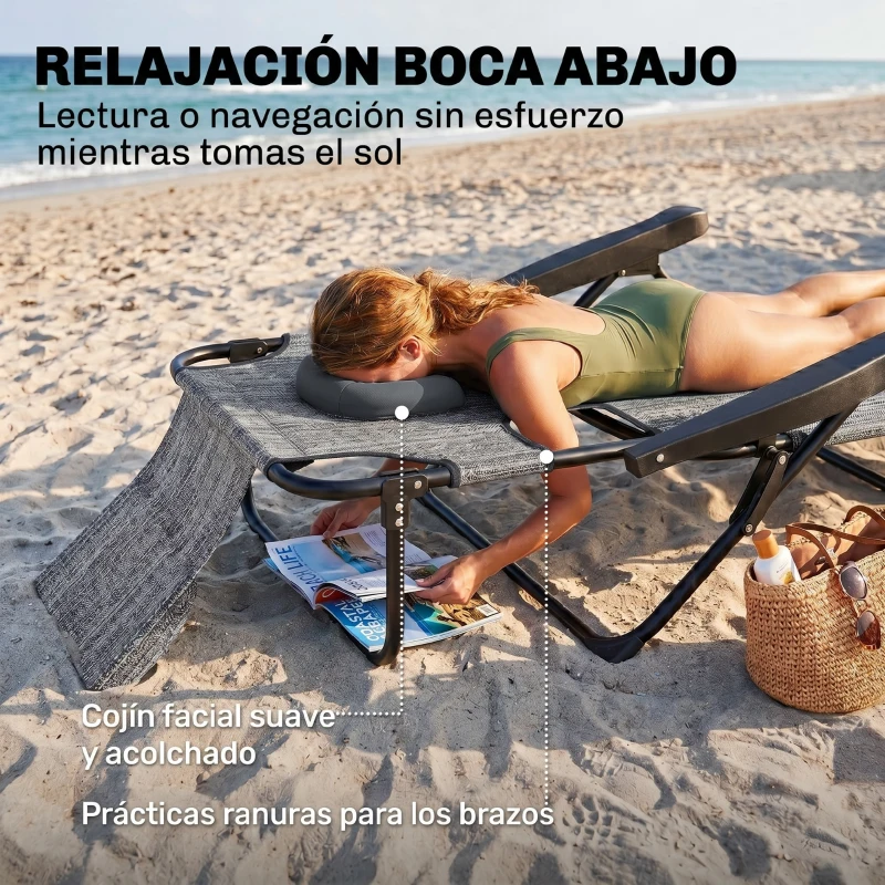 Outsunny Espreguiçadeira de Jardim Dobrável com Encosto Ajustável em 4 Níveis, Orifício de Leitura e Apoio para Cabeça 145x72x89 cm Cinzento