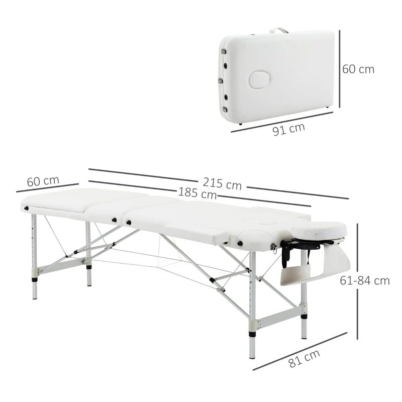 HOMCOM Foldable Massage Bed Portable Table, 3-Section Aluminium Foldable Beauty Couch, Professional Salon Spa Table with Headrest Support, 60 cm Width, White