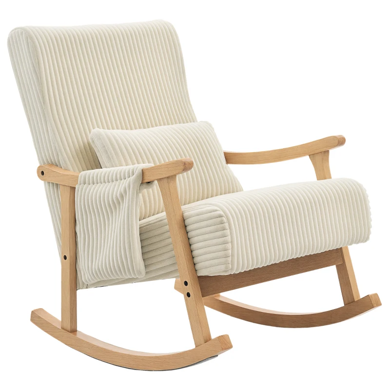 HOMCOM Silla Mecedora de Pana con Cojín Lumbar Patas y Reposabrazos de Madera de Caucho Bolsillo Estilo Moderno Beige