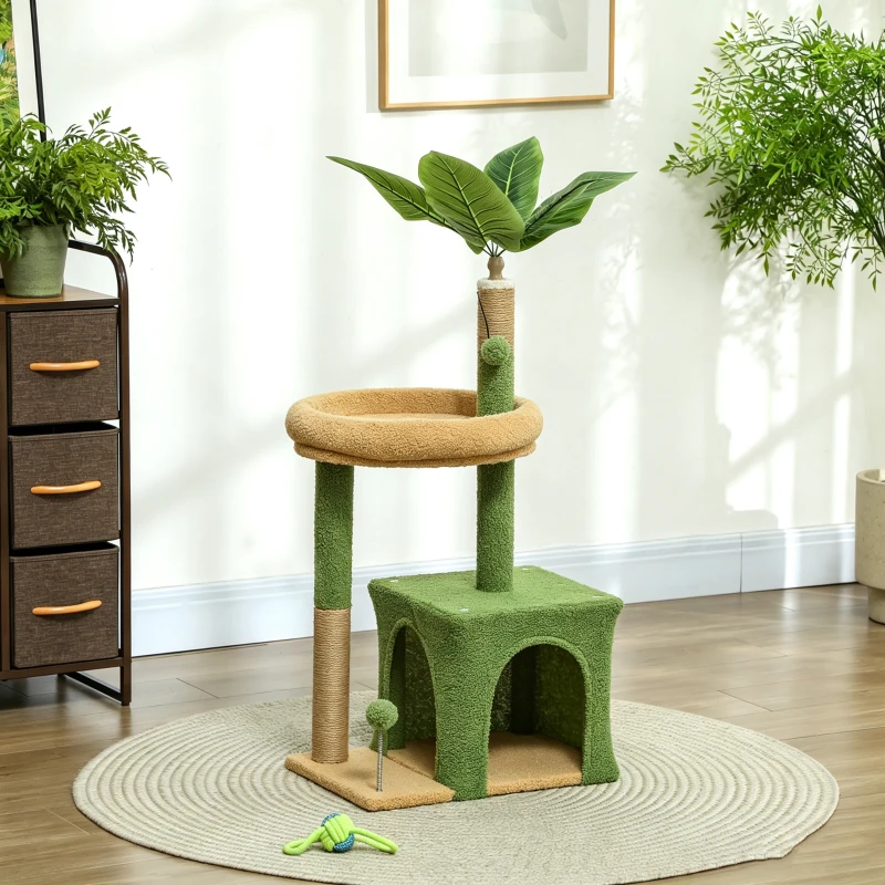 PawHut Arbre à chat tour de jeux pour chat avec niche lit griffoirs balles et feuilles artificielles 44 x 30 x 98 cm vert