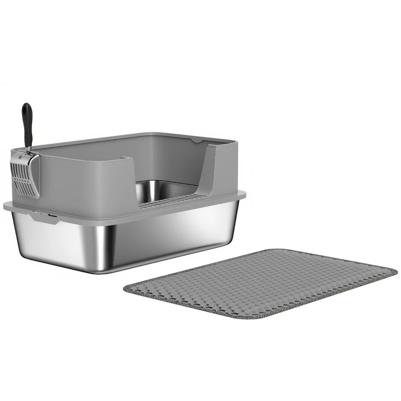PawHut High Sided Stainless Steel Litter Box, Metal Cat Litter Tray with Metal Scoop, Litter Mat, Never Absorbs Odors, Grey