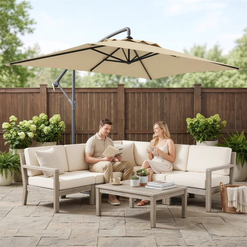 Outsunny Ombrellone da Giardino Decentrato con Base a Croce e Apertura a Manovella, 294x193cm, Beige