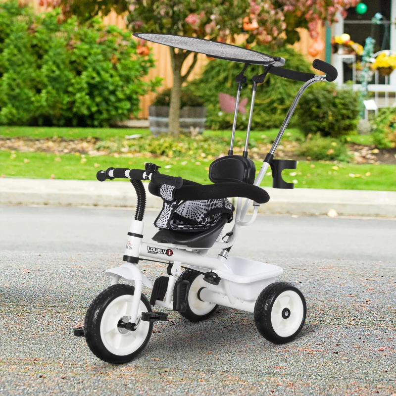 HOMCOM Triciclo para Bebés 6 en 1 Triciclo Evolutivo para Niños de +18 Meses con Toldo Plegable Mango de Empuje Telescópico y Desmontable Asiento Ajustable Cesto y Portabotellas Blanco