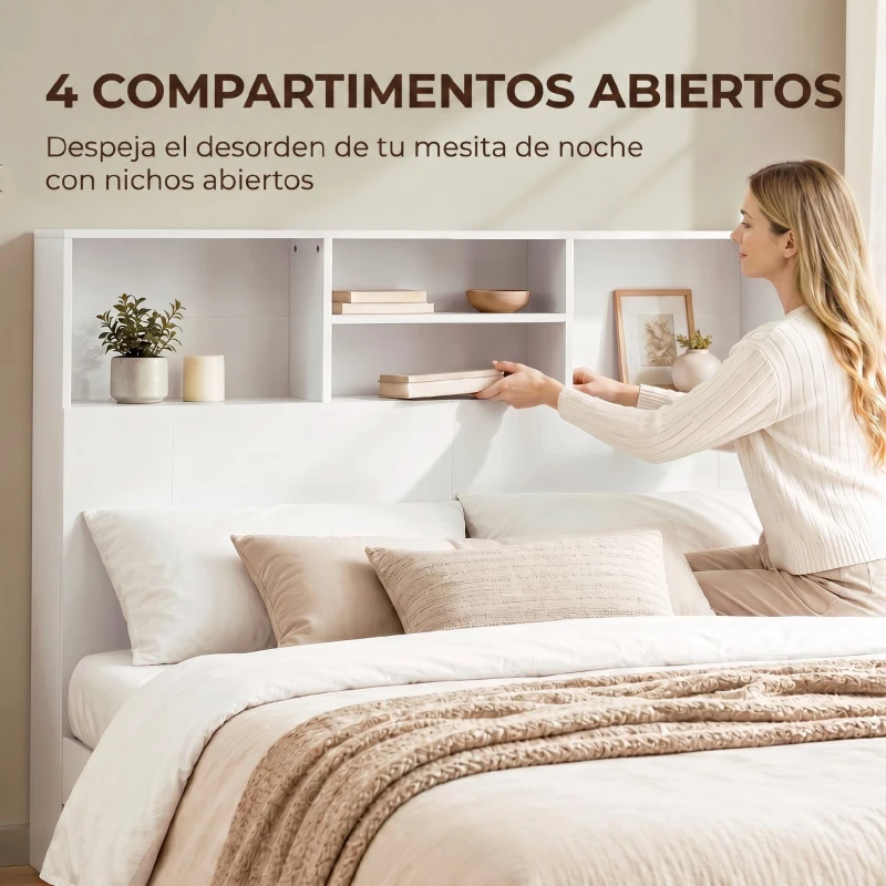 HOMCOM Cabecero de Cama 140 cm con Almacenaje Cabezal de Cama con 4 Compartimentos Abiertos para Dormitorio Blanco