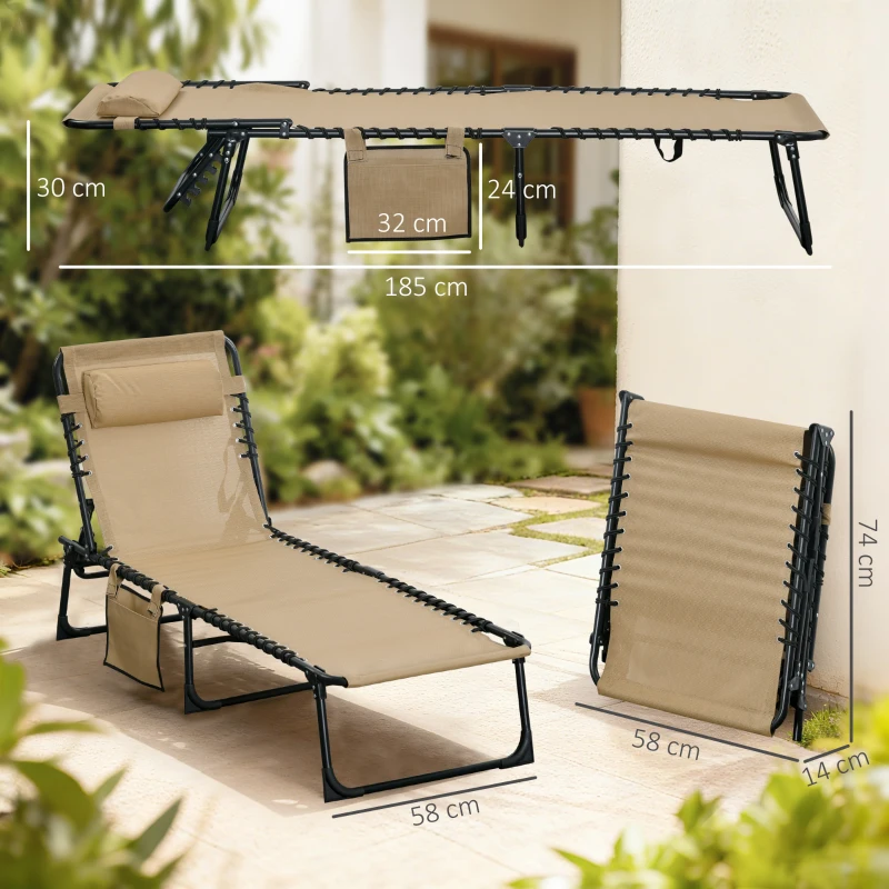 Outsunny Portable Sun Lounger, Folding Camping Bed Cot, Reclining Lounge Chair 5-position Adjustable Backrest with Side Pocket, Pillow for Patio Garden Beach Pool, Beige