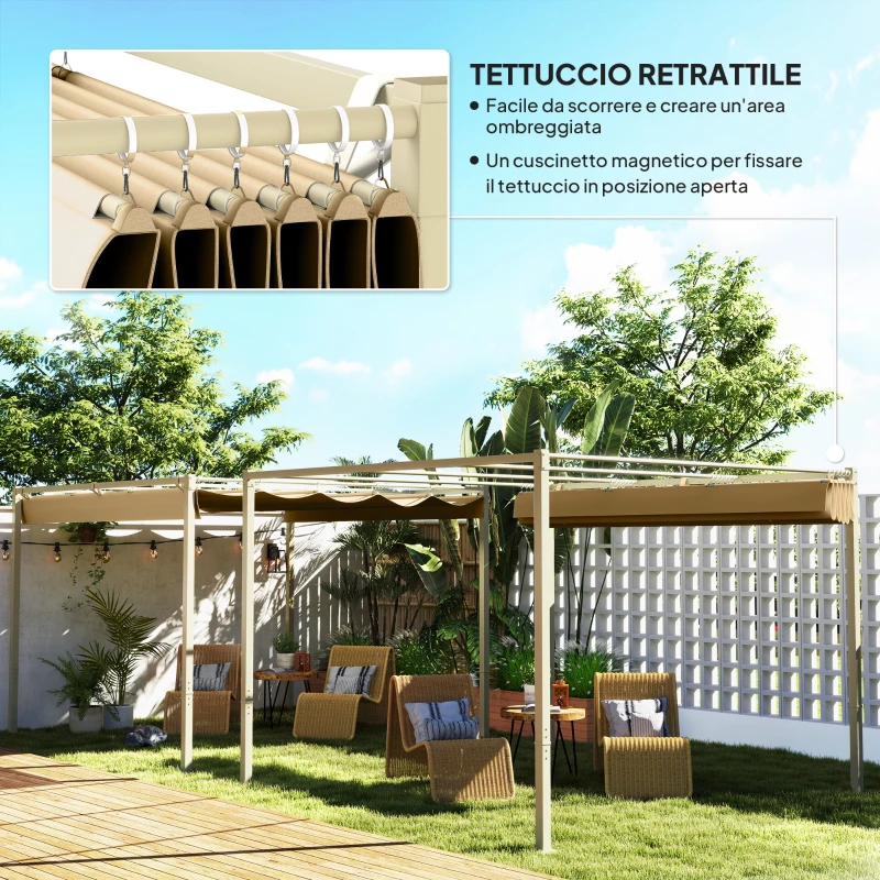 Outsunny Gazebo Pergola 3x3 m con Tettuccio Retrattile, 8 Viti e 8 Picchetti, in Poliestere 180g e Metallo, Cachi