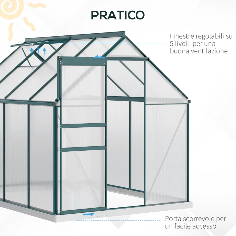 Outsunny Serra da Giardino in Policarbonato, Metallo e Alluminio, Anti-UV e Antivento, 190x253x199cm, Verde
