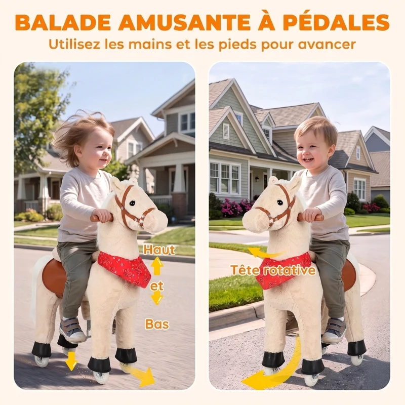 AIYAPLAY Cheval à bascule en peluche avec tête rotative, roues roulantes et sons de hennissement, dès 2 ans, marron clair