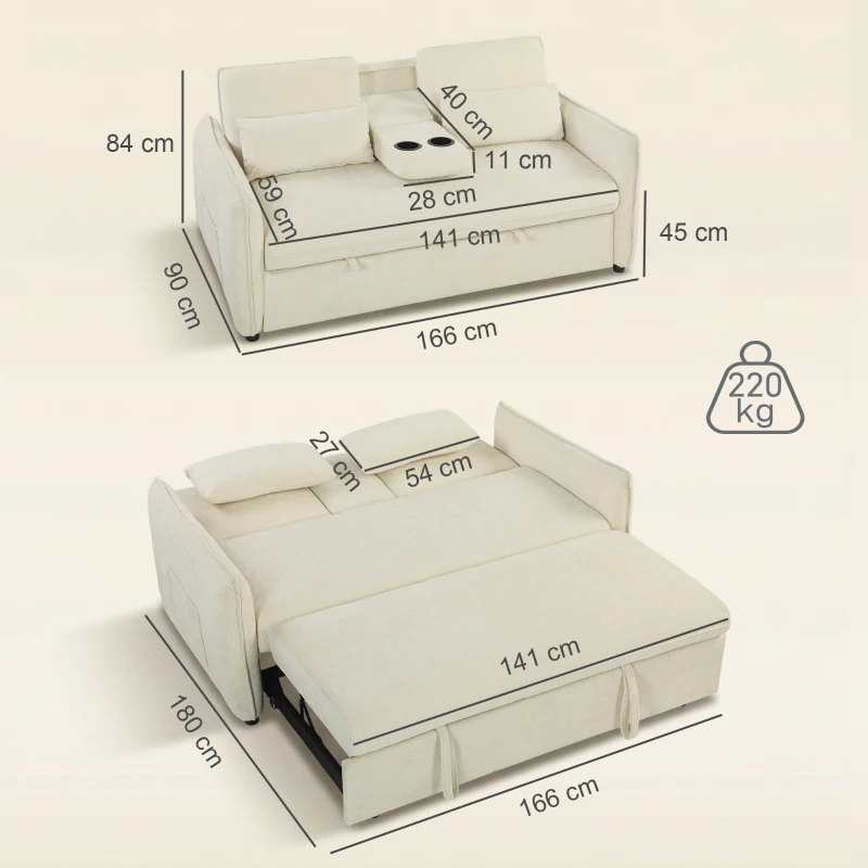 HOMCOM 3-in-1 Verstellbares Schlafsofa, Zweisitzer mit Getränkehaltern, verstellbarer Rückenlehne und Seitentaschen, Beige