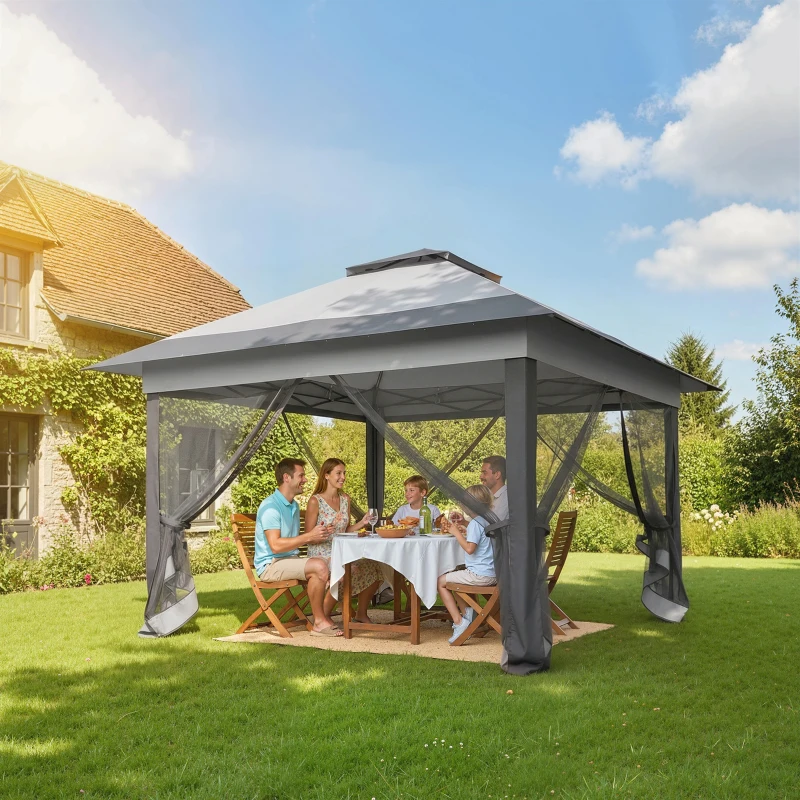 Outsunny Tonnelle barnum de jardin pop-up pliant acier polyester moustiquaires + sac de transport à roulettes gris