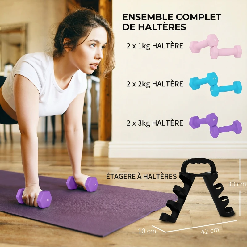 SPORTNOW Lot d'haltères hexagonaux, haltères musculation, 2 x 1 kg, 2 x 2 kg, 2 x 3 kg, avec support convertible d'haltères